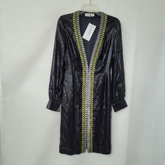 Kora Rae Robe Dress Womens S Embroidered Beaded Zip Front Long Sleeve Black Lame - Picture 1 of 12